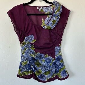 We Love Vera Silk Cotton Blend Floral Hydrangea Puckered Scalloped Hem Blouse